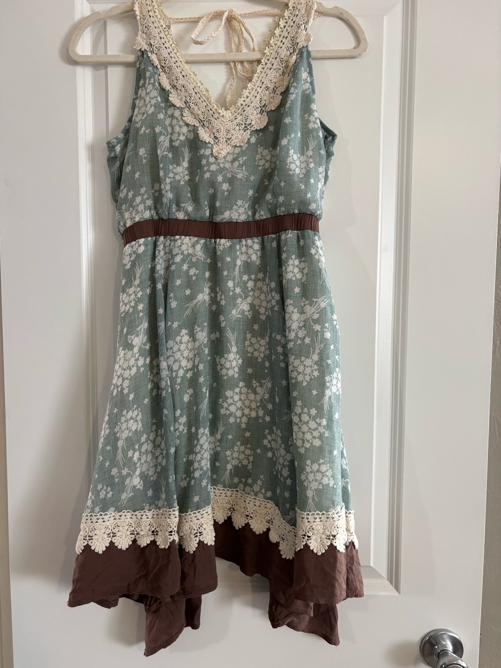 Ryu Sage Green Floral Tank Dress with Cream Crochet and Brown Hem